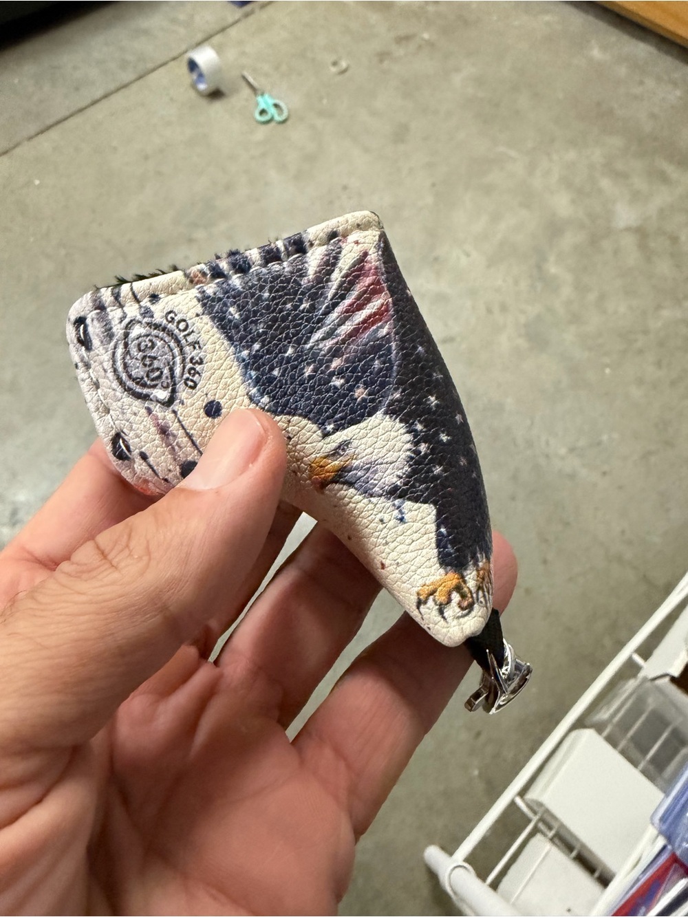 Printed Leather Key Pouch with Eagle Motif - White/Navy